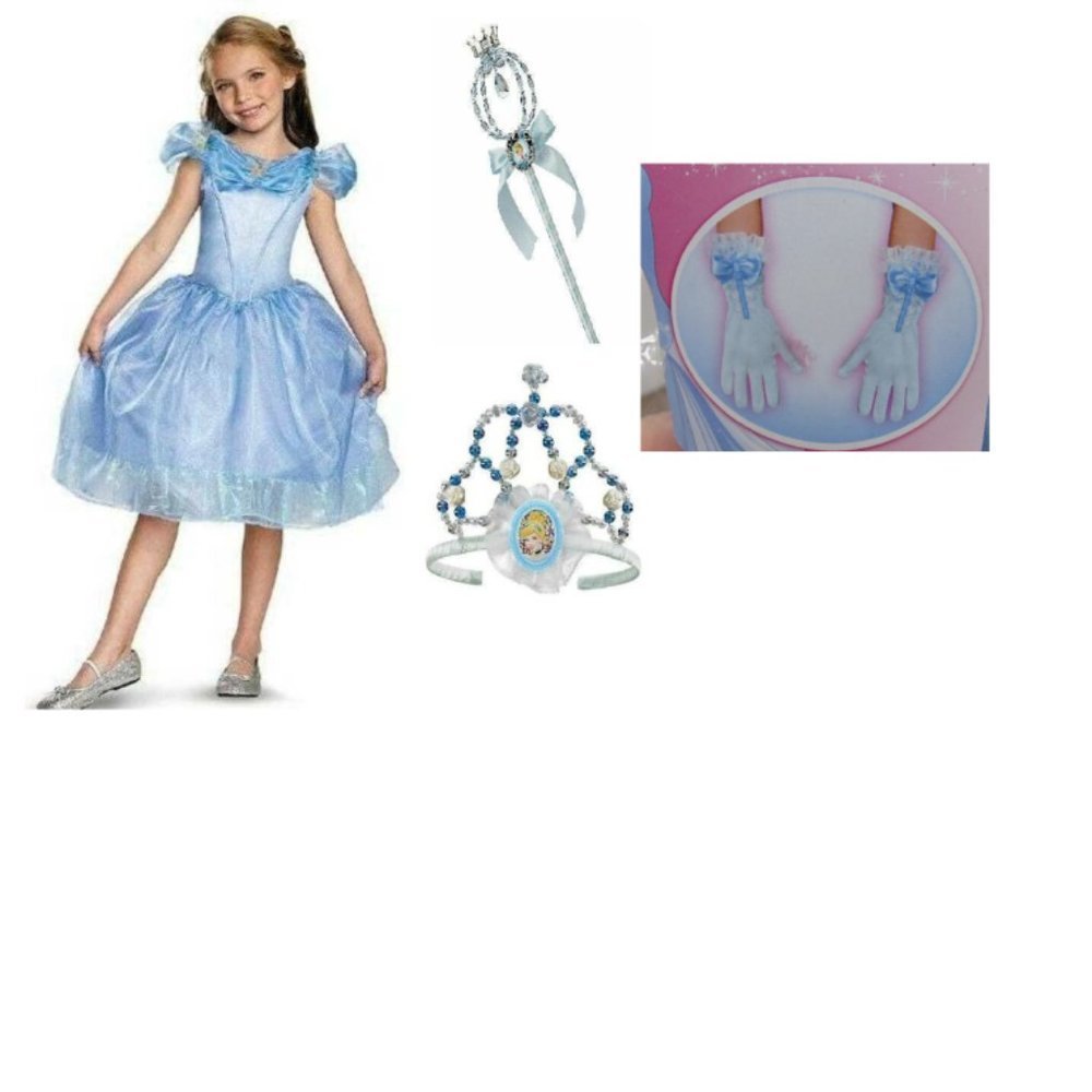 Disney Cinderella Halloween Costume 7/8 Princess Dress, Tiara, Wand, Gloves 5 Pc